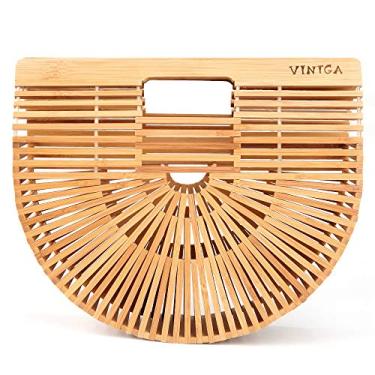 Imagem de Vintga Bolsas de bambu para mulheres, bolsas de palha de verão, bolsas de praia de madeira com alça de cesta, Marrom, Small