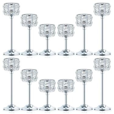 Imagem de Kehail Castiçal de metal de cristal, contas de cristal quadradas, castiçal de luz de chá, candelabro votivo alto elegante para decoração de mesa de casamento, decoração de casa (prata, conjunto com 4