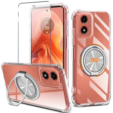 Imagem de Capa protetora à prova de choque para Motorola Moto G24 / G04 / G04S / E14 4G com protetor de tela de vidro giratório de 360° com suporte e suporte de silicone TPU Silm Fit à prova de choque - preto