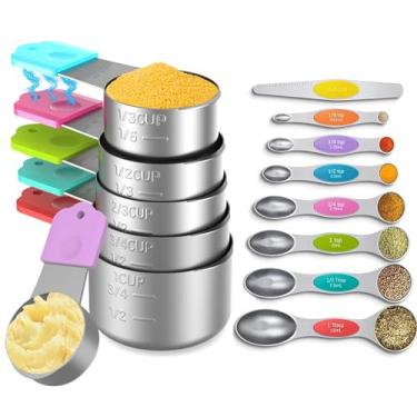 Imagem de Minteem Conjunto de 13 Peças: Copos e Colheres de Medição Magnéticas de Aço Inoxidável Preto, Inclui 6 Copos Medidores e 7 Colheres de Medição