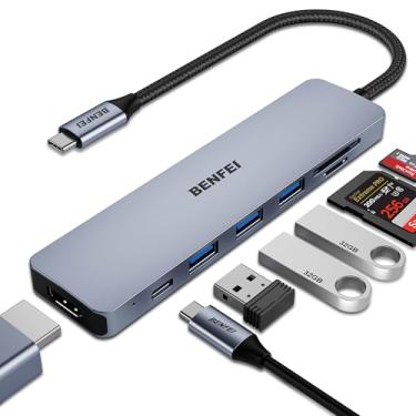 Imagem de BENFEI USB C HUB 7 em 1 com HDMI (4K @60Hz, certificado), entrega de energia de 100 W, 3 USB 3.0, leitor de cartão SD/TF (160 MB/s) compatível com iPhone 15 Pro/Max, MacBook, iPad Pro, iMac, S23,