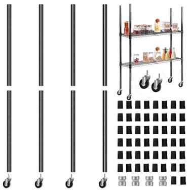Imagem de Yaocom Conjunto de 4 postes de prateleiras de arame com 50 peças de clipes de prateleira de arame de plástico cromados com rodas de rodízio, peças de prateleiras de arame para substituição de