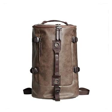 Imagem de Mochila masculina de lona e couro Mochila de viagem ao ar livre para homens Bolsas de mão de grande capacidade Mochila escolar(PU Kahki)