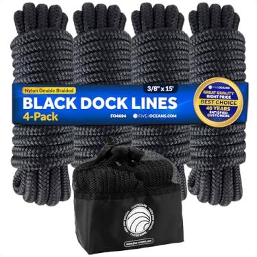Imagem de Five Oceans Pacote com 4 linhas de doca de barco de 3/20.3 cm x 15' com ilhós de 30.5 cm, corda de nylon trançada dupla premium preta de grau marítimo, cordas de barco para ancoragem com laço ou