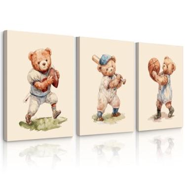 Imagem de Ursinho de pelúcia para berçário, decoração de parede para meninos, imagens em tela vintage, estampas esportivas para berçário, decoração de quarto de bebê, menino, pôster de animal, arte de urso para