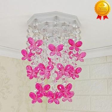 Imagem de Lustre Infantil Decorar Quarto Feminino Bebê Luminária Borboletas Rosa