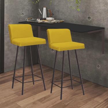 Imagem de Kit Mesa Suspensa de Parede Fixa mdf Preto + 2 Banquetas Lexi Ferro Marrom Sintético Am...