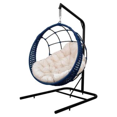 Imagem de Cadeira Balanço Ninho Suspenso Em Corda Náutica Luxo c- Suporte Azul-branco