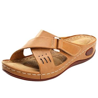 Imagem de Sandália anabela feminina Alexis Leroy confortável com fivela na palmilha, Camel, 7-7.5