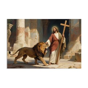 Imagem de Arte de parede em tela de Jesus e Cordeiro, imagens religiosas de Jesus e Leão Cristo, Cristão Jesus Rei Leão, Impressão de pôster, pintura religiosa, arte de igreja, decoração de parede, imagens 30 x