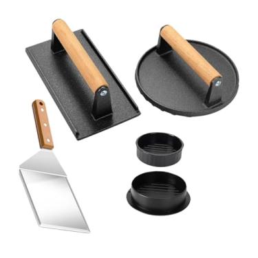 Imagem de ＫＬＫＣＭＳ Burger Press Pressione Pressione com a alça de madeira, prensa de churrasco para churrasco, hambúrgueres externos de bife de bife de carne, Conjunto