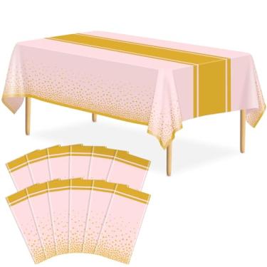 Imagem de LIKAJON Pacote com 12 toalhas de mesa rosa e douradas, decoração de festa, toalha de mesa de plástico rosa, estampada, dourada, 137 x 272 cm, capa de mesa retangular descartável para aniversário