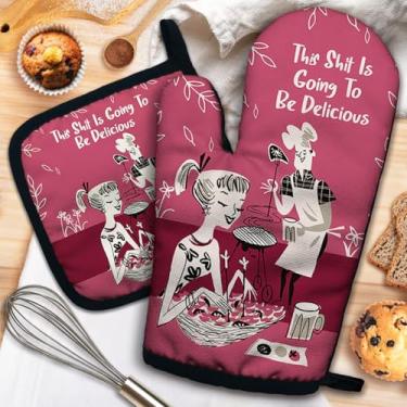 Imagem de ZHANTUONE This Sxxt is Going to be Delicious Conjunto de luvas de forno resistentes ao calor e suportes de panela com silicone antiderrapante, retrô, humor adulto, cozinhar, utensílios para churrasco