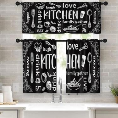 Imagem de Tayney Farmhouse Chef Cortinas de janela de cozinha brancas conjunto de saia e camadas 91 cm, desenho moderno abstrato arte preta bolso cortina de camada curta para banheiro, cortinas engraçadas de