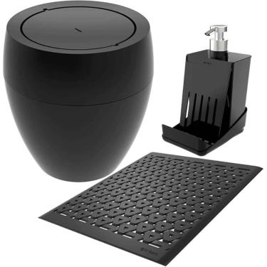 Imagem de Kit Pia Cozinha Lixeira 9L Grade Protetora Porta Detergente Plástico Preto 3pçs Crippa Smart S