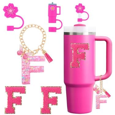 Imagem de Conjunto de acessórios para copo Stanley Cup 850 g 1,134 g copo com alça, incluindo tampa de cobertura de palha de silicone, pingente de alça, adesivo de iniciais fúcsia (F)