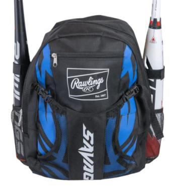 Imagem de Rawlings Savage Bolsa de beisebol juvenil – Bolsa infantil para morcego – Mochila de beisebol durável – Comporta dois tacos – Inclui gancho para pendurar na cerca – Preto/Azul royal