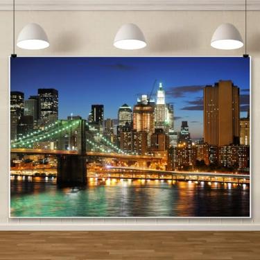 Imagem de Laeacco Fundo de fotografia de vinil de 7 x 1,5 m Ponte de Nova Iorque Vista Noturna da Cidade 2,2 (l) x 1,5 (h) m Adereços de estúdio de fundo para foto