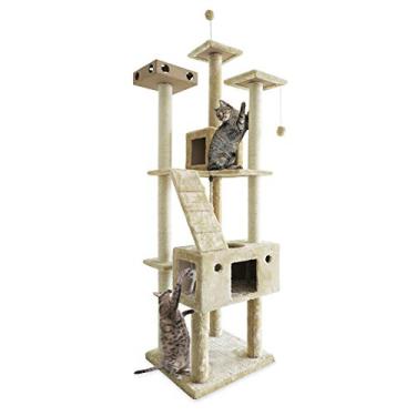 Imagem de Furhaven Móveis para animais de estimação para gatos e gatinhos – Torre de árvore de gato resistente de tigre, brinquedo interativo com brinquedos e condomínio, parquinho de deck duplo, creme