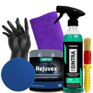 Imagem de Kit Limpeza e Renovação Automotiva Vonixx, Sintra Fast 500ml, Rejuvex 400g, Pano de Microfibra, Pincel e Luvas