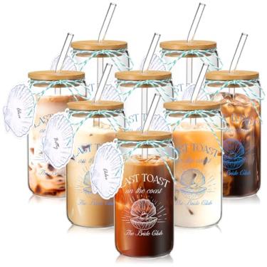 Imagem de Baderke 8 peças de copos de festa de despedida de solteira Last Toast on the Coasts com tampas de bambu e palha de vidro, lembrancinhas de fim de semana para noivas, presentes de dama de honra