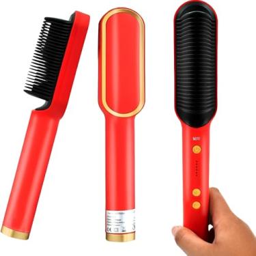 Imagem de Escova Prancha Alisadora 3 em 1, Alisa, Ioniza, Seca, Pente Profissional Bivolt (Vermelho)