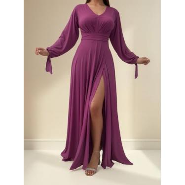 Imagem de Vestido Longo Festa Madrinha Manga Aberta Com Fenda E Decote - Casual 