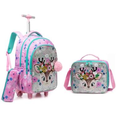 Imagem de Mochila Infantil com Rodinhas 3 Peças, Desenho de Cervo, Rosa e Turquesa, com Bolsa Térmica e Estojo