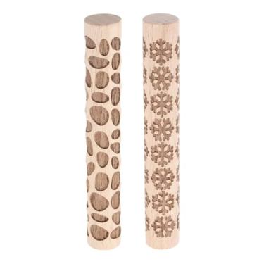 Imagem de HARFINGTON 2 peças de rolo de argila de madeira, 10 cm, floco de neve, padrão de seixos, ferramentas de cerâmica, rolos de textura de grão de madeira para argila para assar massa, massa, brinquedo