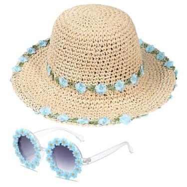 Imagem de Chapéu de palha para meninas com óculos de sol redondos de flor, chapéu de sol de palha infantil dobrável de verão com aba grande de girassol, 2-6 anos, Flor azul-bege