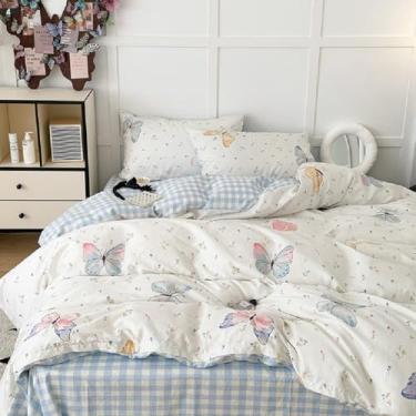 Imagem de Erwinmu Conjunto de capa de edredom floral, tamanho king, colorido, borboleta, azul, guingão, reversível, para adultos e crianças, capa de edredom de microfibra macia respirável com fecho de zíper e 2