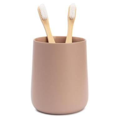 Imagem de Yew Design Suporte e copo rosa fosco para escova de dentes e pasta de dente para penteadeira e bancada de banheiro, organizador redondo para escovas de dentes elétricas, fio dental, lâminas, algodão e