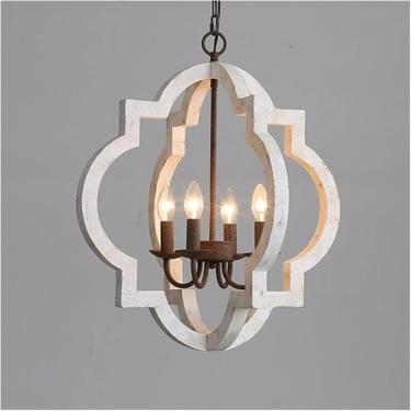Imagem de Lustre com 4 luzes da fazenda lustre rústica rústica artesanal angustiada de madeira branca pendurada luminária de lanterna de lanterna de lanterna