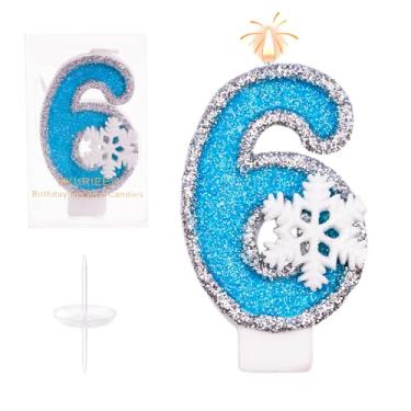 Imagem de AKURIEEY 6ª Velas azuis de floco de neve de aniversário com tema congelado número 6 velas para enfeite de bolo, decorações de cupcake, decoração de festa, aniversário, celebrações, suprimentos