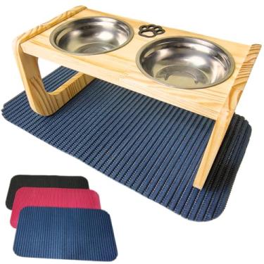 Imagem de Comedouro Elevado para Cães Médios de Madeira Pinus | Acompanha Tapete Emborrachado 53x28cm | Tigelas de Inox | Design Moderno | Tratamento òleo Mineral Atóxico (Azul)