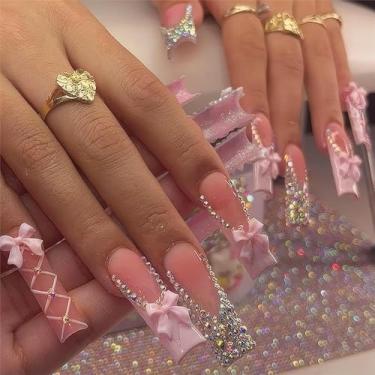 Imagem de RTKHFZE Unhas Postiças Grandes Quadradas Longas Com Ponta Francesa Falsa E Cola Strass Laço Acrílico Cobertura Total Bastão Para Mulheres 24 Peças
