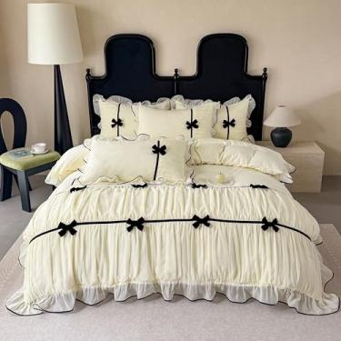 Imagem de Jogo de cama com babados, gravata borboleta, roupa de cama de renda chique, conjunto de capa de edredom para meninas, solteiro, estilo princesa francesa, romântica, com babados e laço adorável com