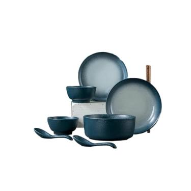 Imagem de Utensílios de mesa em estilo japonês minimalistas criativos delicados de cerâmica retrô irregular - (9 peças) ponto grosso azul