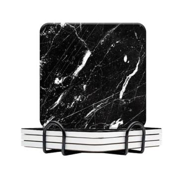 Imagem de BaHomeck Conjunto de 4 porta-copos quadrados de mármore preto absorvente de água porta-copos de cerâmica proteção de mesa antiderrapante (base de cortiça) com suporte, adequado para vários copos