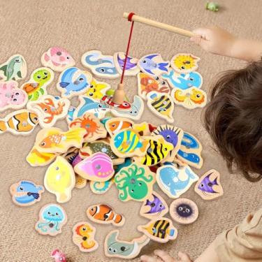 Imagem de Pescaria Magnética infantil brinquedo montessori interativo brinquedo de madeira (54 Peças)
