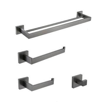 Imagem de Conjunto de banheiro de aço inoxidável cinza - Toalheiro com suporte para papel higiênico - Acessórios de ferragens, 60 cm, 2 barras, kit com 4 peças