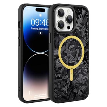 Imagem de AIGOMARA Capa magnética de fibra de carbono forjada para iPhone 14 Pro, compatível com Magsafe, capa de telefone protetora à prova de choque de TPU macio e fina e brilhante, preta