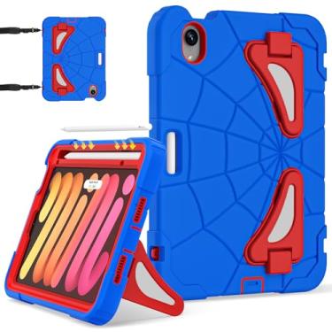 Imagem de Nitupai Capa para iPad mini 7 (A17 Pro) 2024, iPad mini 6 2021, capa à prova de choque para crianças de 8,3 polegadas com alça de ombro, suporte para caneta Pencil Pro e Pencil USB-C, azul vermelho