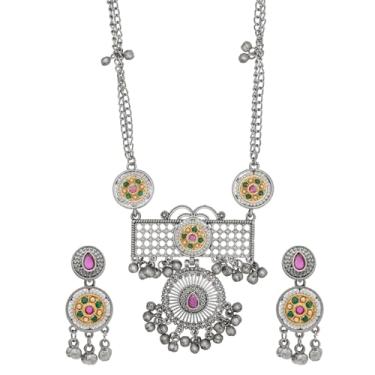 Imagem de Bodha Prata Antiga Oxidada Oxidada CZ Pingente Pérola Design Com Brinco Atraente Combinando Conjunto de Colar de Joias Longas (SJN_296_S_RG)