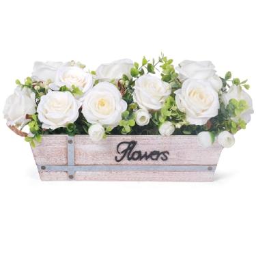 Imagem de Decoração de mesa de centro de mesa bandeja de madeira rústica com 3 flores de rosas brancas artificiais e eucalipto falso para sala de jantar, casa de fazenda, sala de estar, cozinha e decoração de