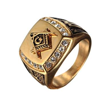 Imagem de PMTIER Anéis masculinos de aço inoxidável folheados a ouro maçônico zircônia cúbica maçônica maçã maçã