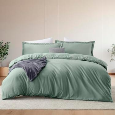 Imagem de Hearth & Harbor Conjunto de capa de edredom e lençol de cama queen size, verde sálvia, 7 peças, macio escovado, inclui capa de edredom, lençol de cima, lençol com elástico, fronhas e fronhas