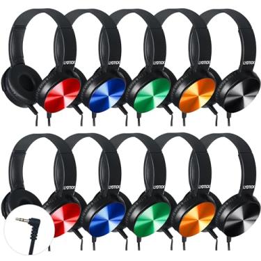Imagem de LYDTICK Pacote com 10 fones de ouvido infantis a granel para sala de aula escolar, fones de ouvido com fio, material escolar para crianças, estudantes, professores, conector de 3,5 mm (multicolorido)