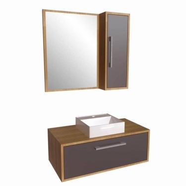 Imagem de Gabinete 80cm Alice Mel Grafite com Espelheira e Cuba Branca Em Mármore Sintético Armário Suspenso com 1 Porta