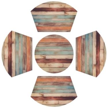 Imagem de Jogo americano de cunha de PVC, tábuas de madeira, conjunto de 4 cores, com tapete de mesa redondo para mesa, antiderrapante, resistente ao calor, fácil de limpar, limpável, lavável, para decoração de